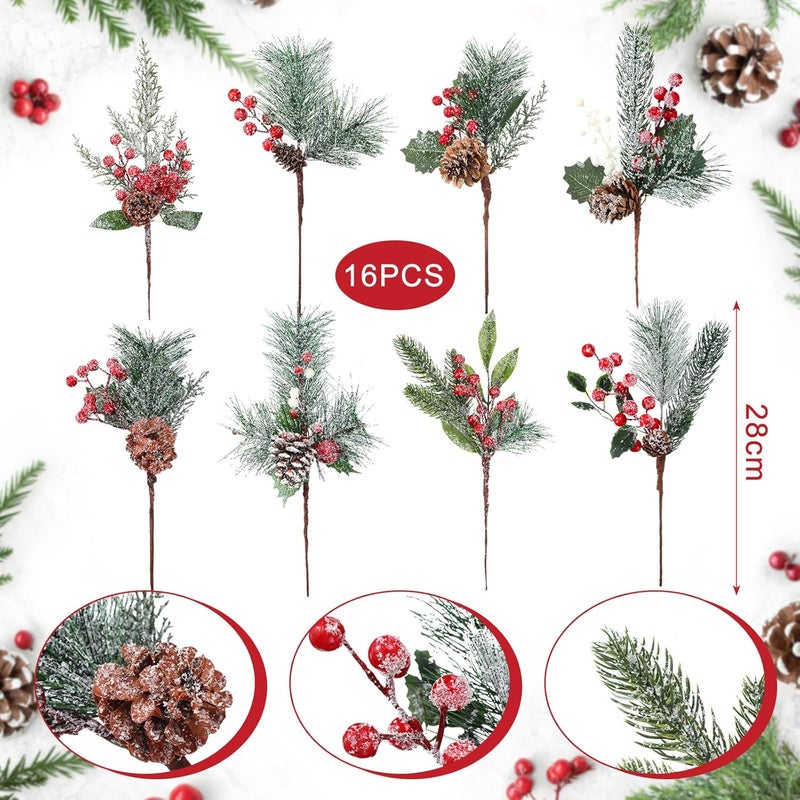 Solsew 16 Pcs Christmas Pine Cones Picks Artificial Berries Sprays Branches Faux Greenery Floral Stems Snowy Holly Pine Needles for Xmas Tree Wreath Garland Craft Decor(Stylish Snowy Style) - Image 2